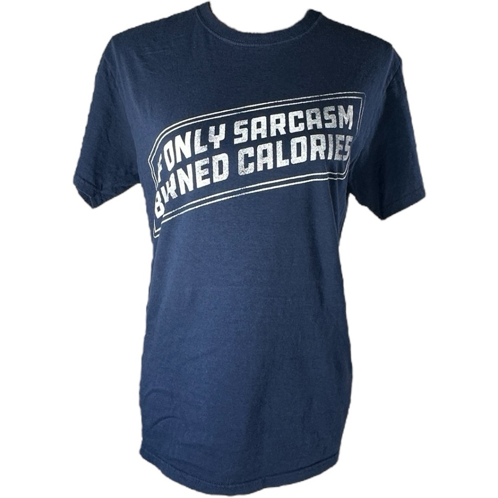 Navy blue short sleeve tee w/bold text 100% cotton Women’s size small | ii1